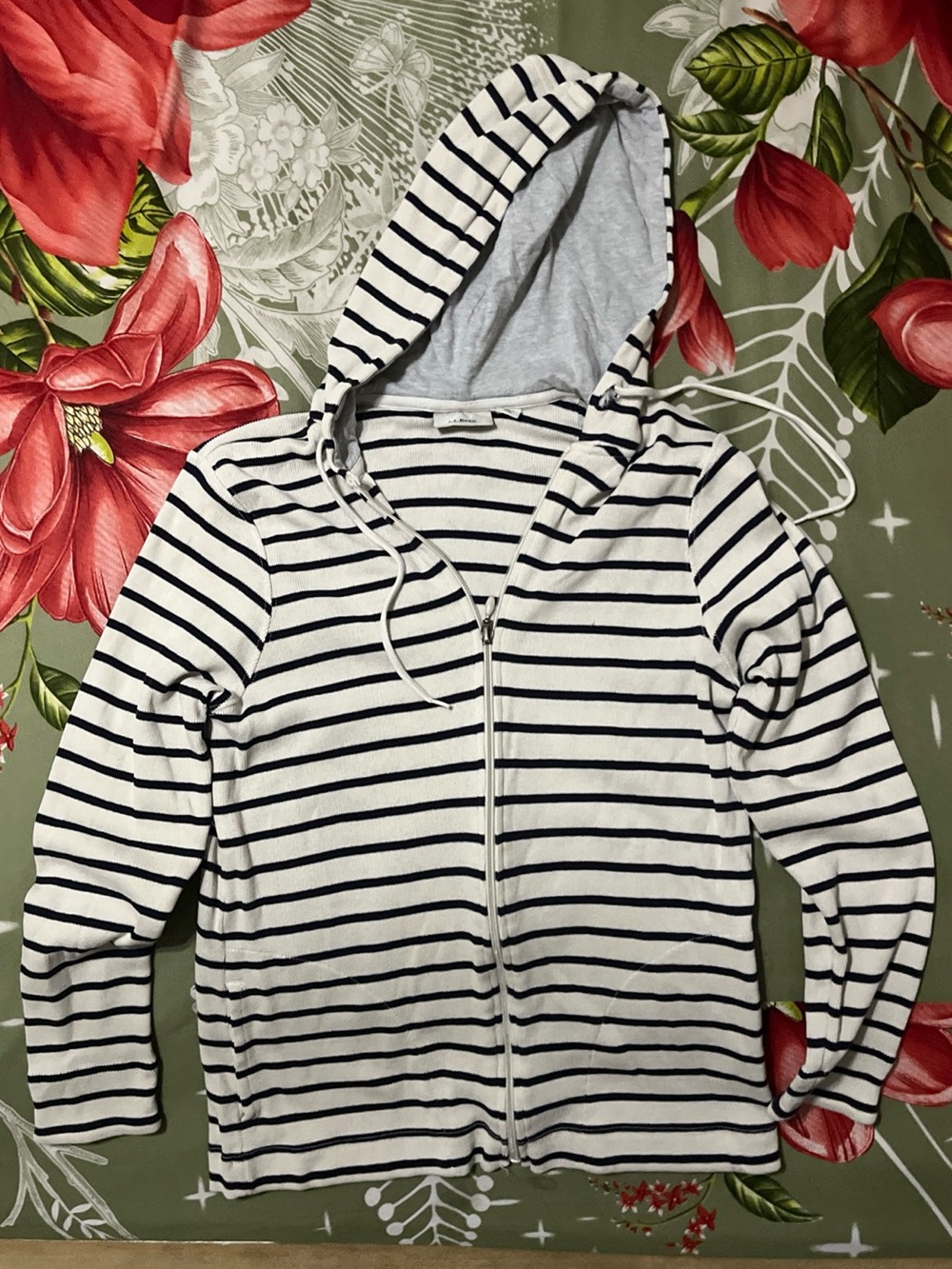 LL Bean Women’s Striped Full Zip Hoodie Size Small White Navy Blue